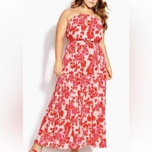 CITY CHIC Scarlet Floral Maxi Tie Waist Dress Halter Keyhole Neck Tiered M/18